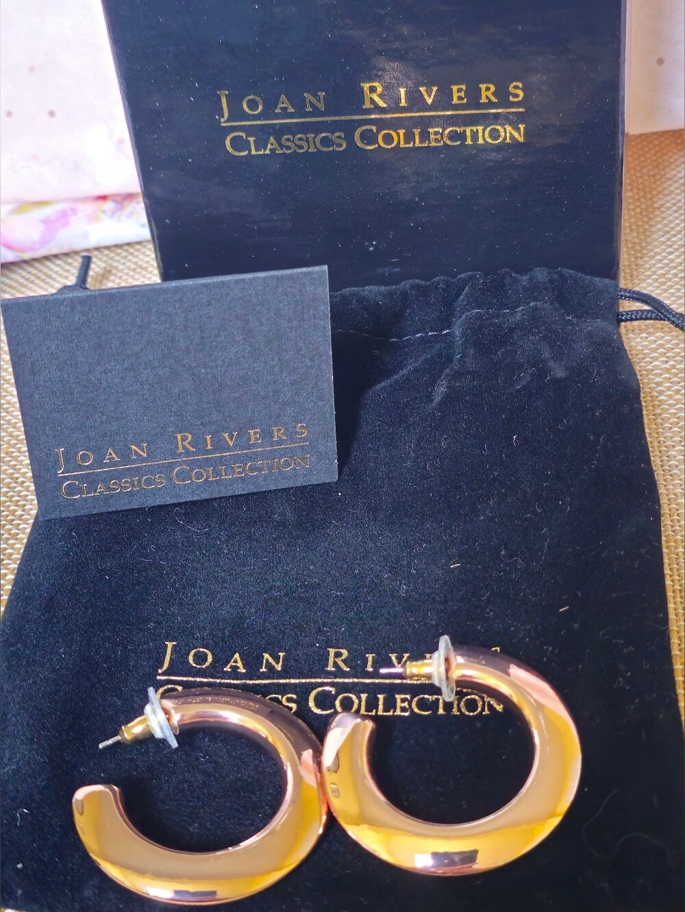 Joan Rivers Classics Rose Gold Knife Edge Hoop Earrings NIB Gift Pouch And Card